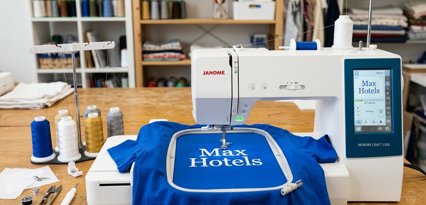Embroidery machine stitching a custom Max Hotels logo on a blue garment
